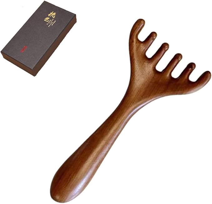 Golden Sandalwood Massager Tool Eye Massage Device Scalp Gua Sha Wooden Comb Forehead Massage Tools with Gift Box (6 Claws)