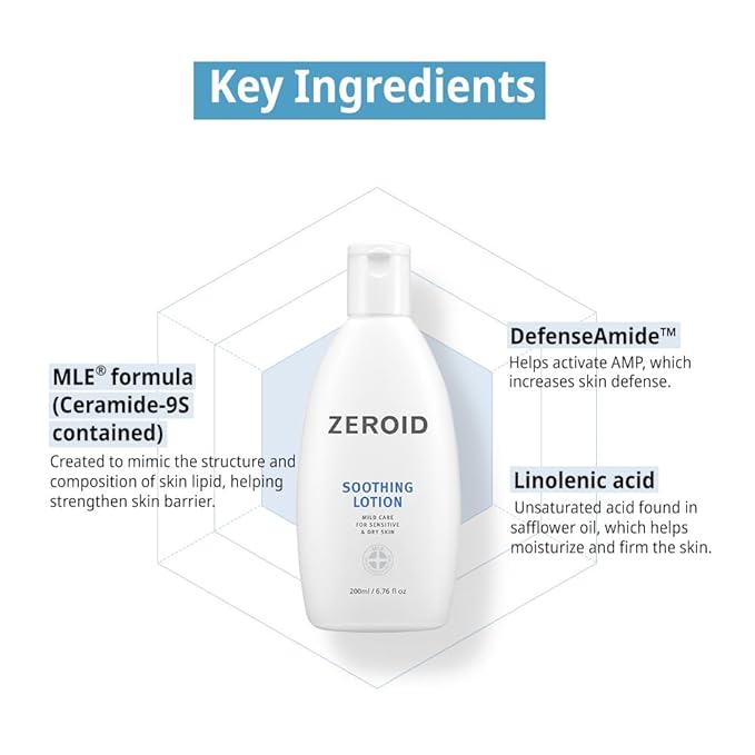 ZEROID | Soothing Lotion | Moisturizer for Sensitive Skin | Skin Barrier Repair | Face & Body Lotion for Soothing & Calming | Lotion for Extremely Dry Skin | Korean Skin Care | 6.76 fl oz (200ml)