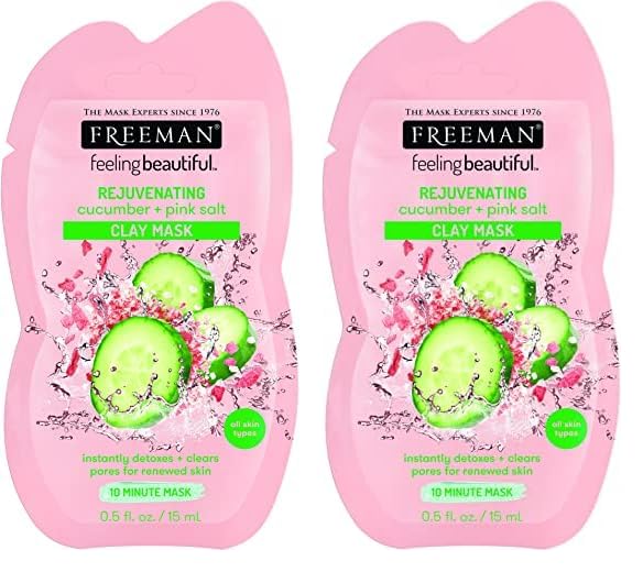 FREEMAN Facial Cucumber + Pink Salt Clay Mask Pack, Pack of 2
