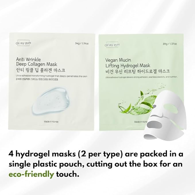 OHMYPURE Hydrogel Collagen Face Mask 2+2EA K-Beauty Luxury Bundle (AntiWrinkle 2ea, Vegan Mucin 2ea) (Sampler 4)
