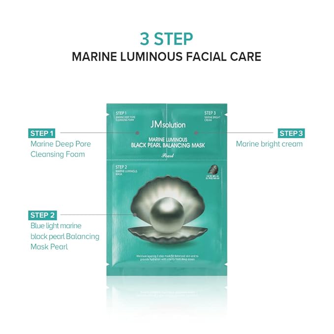 JM Solution Marine Luminous Pearl Deep Moisture 3 Step Skin Care Face Mask - Korean Skincare Facial Mask - boosting Brightening Moisturizing-10 Sheets for Dry Skin (Black Pearl)