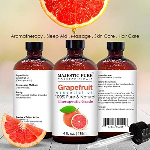MAJESTIC PURE Grapefruit Essential Oil | 100% Pure and Natural Grapefruit Oil | Premium Grade Essential Oils for Hair Care, Home Diffusers, Skin, Aromatherapy, Massage and Humidifiers | 4 Fl Oz