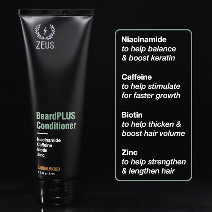 ZEUS BeardPLUS Conditioner for Men, Premium Beard Wash for Enhanced Growth, Thicker & Stronger Facial Hair with Biotin & Caffeine (Made in USA) 6 oz.