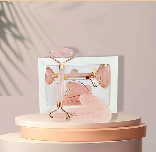 Natural Rose Pink Quartz Facial Massage Roller with Gua Sha