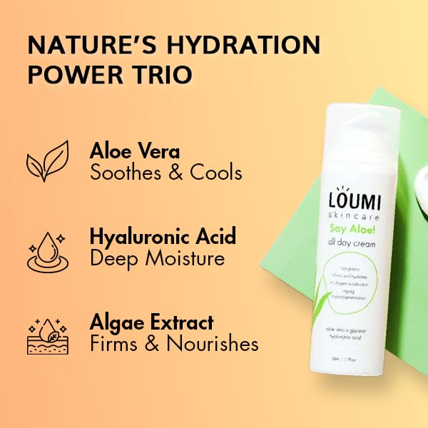 LOUMI Skincare Lightweight Hydrating Aloe Face Cream, Aloe Vera, Algae, And Hyaluronic Acid, Soften And Brighten Skin, Made In The US