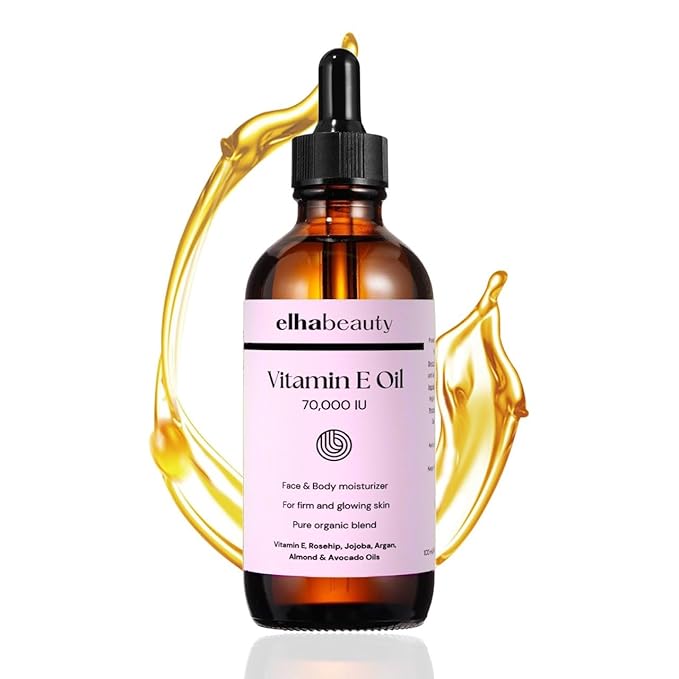 Elhabeauty Vitamin E Oil 70,000 IU, Face & Body Moisturizer, with Rosehip, Jojoba, Almond and Avocado Oils, for a firm and healthy Skin, 3.88 fl oz