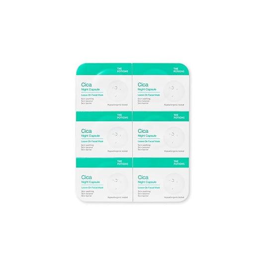 The Potions Cica Night Capsule | 6 Count, 2 ml each | For Acne prone skin, sensitive skin | Skin Soothing, Skin Balance, Skin Barrier | Product of Korea