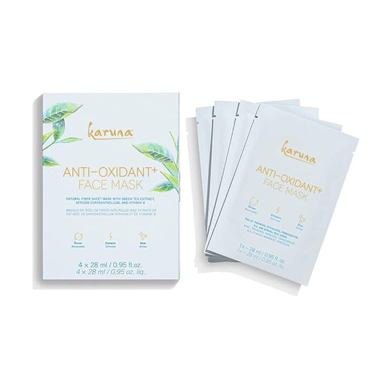 Karuna Skin - Antioxidant+ Face Masks for Dry, Mature Skin, Rejuvenating & Nourishing Face Masks Skincare Essential, Facial Mask w Green Tea Extract, Chinese Licorice & African Chrysanthellum, 4 Pack