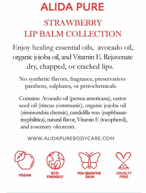 Strawberry Lip Balm Collection, Vegan Lip Balm Set, Beeswax Free, with Avocado Oil, Organic Jojoba Oil, and Vitamin E, Natural Moisturizer for Dry, Chapped Lips, 3 Tube Set