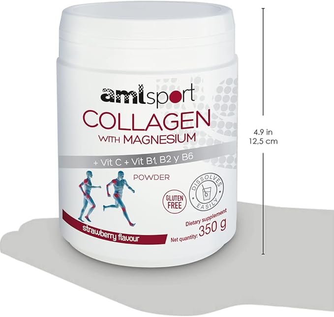 AML Sport - Collagen with Magnesium + VIT C, B1, B2 and B6 Powder - 350g (Strawberry Flavour). Tissue Regenerator with Type 1 &2 Collagen. Gluten Free. Sugar Free