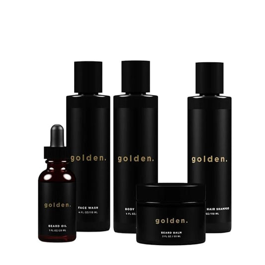 Golden Grooming Co. Everyday Grooming Bundle for Textured Hair & Melanin-Rich Skin | Essential Beard & Skincare Kit with Beard Shampoo, Face Wash, Beard Oil, Body Wash & Beard Balm