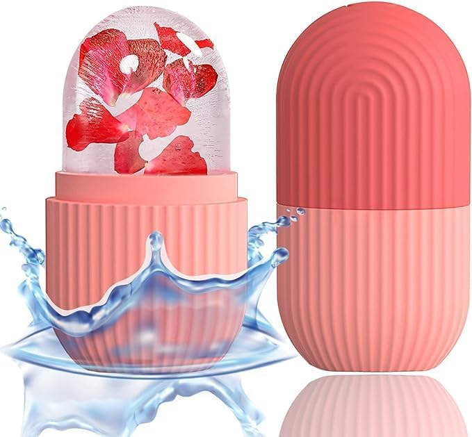 Ice Cube Facial Massager with Reusable Silicone Mold, Naturally De-Puff Eyes and Reduce Migraines, Made with Food Grade Silicone, BPA Free, BPS, Latex Free and Other Chemical (Rose Pink Two Tone)