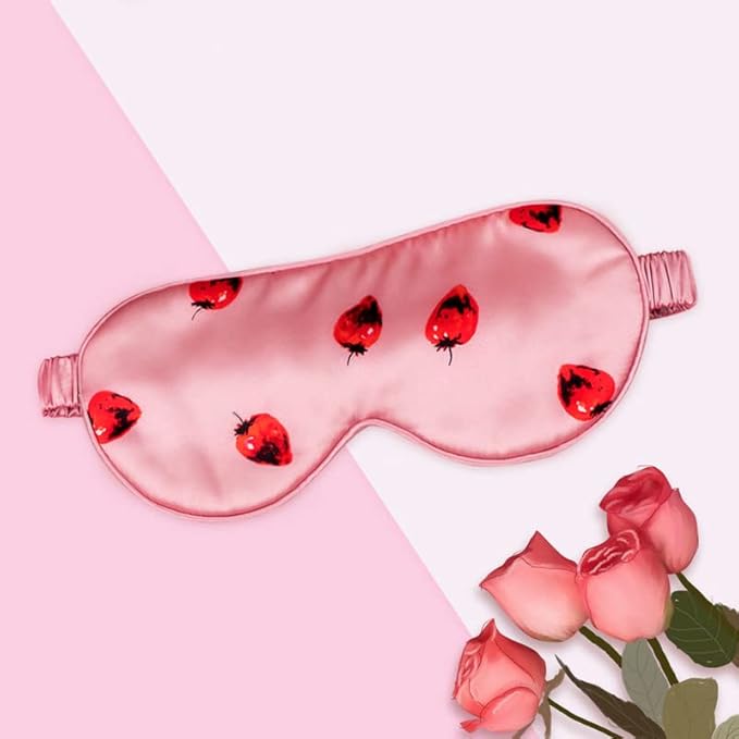 THXSILK Sleep Mask 100% 19 Momme Pure Mulberry Silk Super Smooth Cooling Decorative Sleep Eye Mask Blackout Eye Cover with Wide Head Strap, Strawberry-Pink