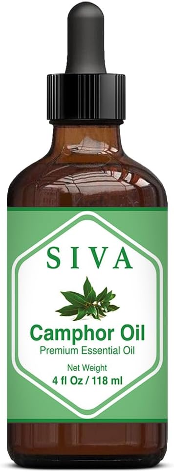 Siva Camphor Essential Oil - 4 Fl Oz – Natural Camphor Oil - for Diffuser, Face, Skin Care, Aromatherapy, Hair Care, Scalp and Body Massage - with Dropper