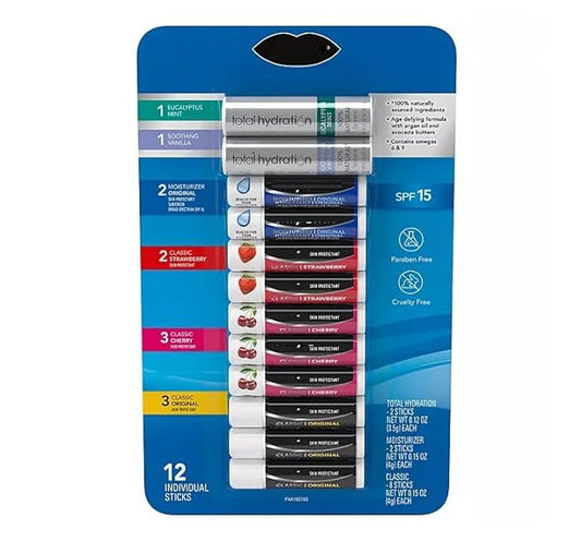 Lip Balm - Variety Pack Original, Cherry, Strawberry, Moisturizer & Total Hydration - 12 count.