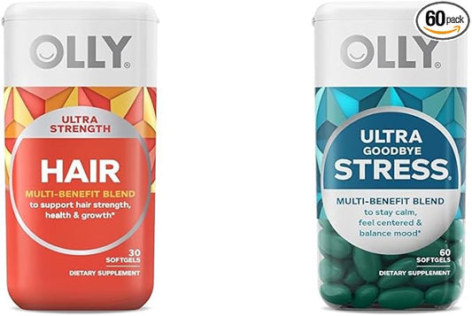 OLLY Ultra Strength Hair Softgels, Supports Hair Health, Biotin, Keratin, Vitamin D, B12 & Ultra Strength Goodbye Stress Softgels, GABA, Ashwagandha, L-Theanine and Lemon Balm