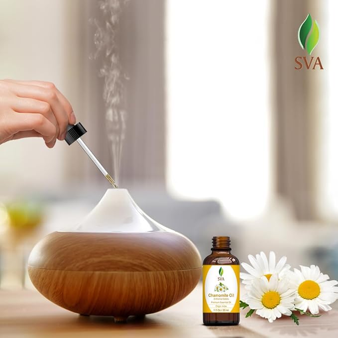 SVA Chamomile Essential Oil – 1 Fl Oz – 100% Natural Chamomile Oil - for Diffuser, Hair Care, Face, Skin Care, Aromatherapy, Scalp and Body Massage, Soap and Candle Making – with Dropper