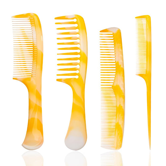 Yellow Hair Styling Combs Set - Wide-Tooth, Fine-Tooth, Rat Tail, and Dual Comb for Men and Women
