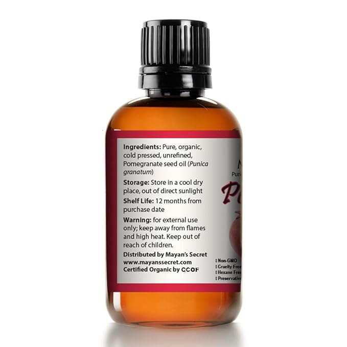 Mayan's Secret USDA Certified Organic Pomegranate Seed Oil for Skin Repair -Large 4oz Glass Bottle Cold Pressed and Pure Rejuvenating Oil for Skin, Hair and Nails