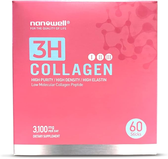3H Collagen Peptide Powder - Types I, II, & III with Vitamin C, Hydrolyzed Elastin Peptide & Hyaluronic Acid - Supports Hair, Skin, Nails, Joints & Bones - 60 Sticks, 30 Day Supply