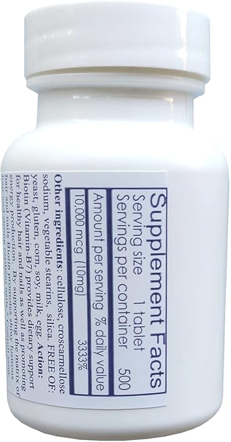 Biotin 10,000 mcg (500 Tablets) for Hair Growth, Skin, Strong Nails, biotin 10mg