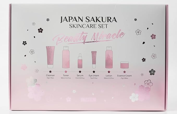 Skin Care Set JAPAN SAKURA Women Beauty Gift Sets Skin Care Kit with Cleanser, Toner, Lotion, Serum, Eye Cream, Face Cream Travel Kit for Women Teen Girls Mom Daughter TSA-friendly Sizes 6pcs
