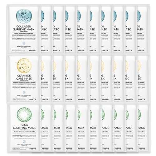 Hydrating Soothing Sheet Masks Gift Set for Skincare, Korean Vegan Sheet Mask for Dry, Sensitive Skin, Calming, Smoothing, Brightening, Collagen, Ceramide, Cica, Hyaluronic Acid 30EA