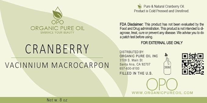 Organic Pure Oil Cranberry Seed Oil (8 fl oz) Pure & Unrefined, Cold Pressed, Raw, Non-GMO for Skin, Hair, Moisturizing & Hydrating