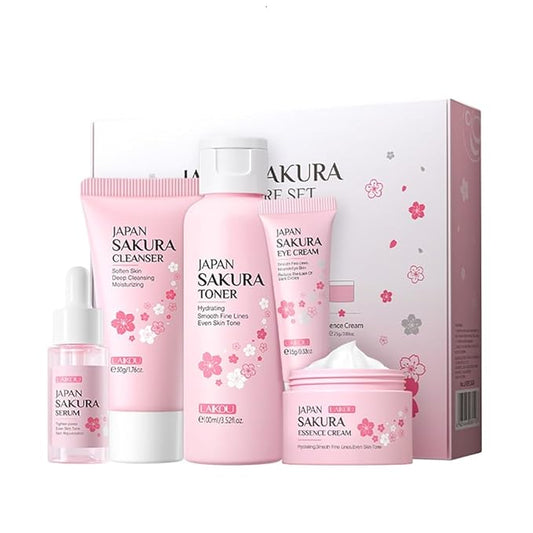Travel Skincare Set for Women and Teens, Facial Skin Care Gift Set with Vitamin C & Cherry Blossom, Gentle Skin Cleaning & Care Set | Cleanser Toner Serum Eye Cream Face Cream (5PCS)