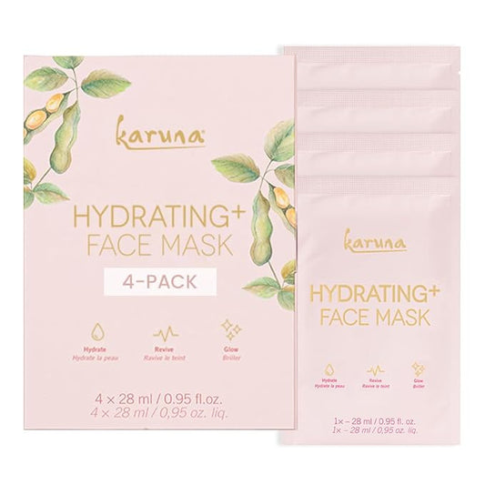 Karuna Skin - Hydrating+ Sheet Masks for Well-Moisturized & Hydrated Skin, Glow-Enhancing Face Masks Skin Care Products, Hydrating Facial Masks with Natto, Niacinamide & Sodium Lactate, 4 Sheets
