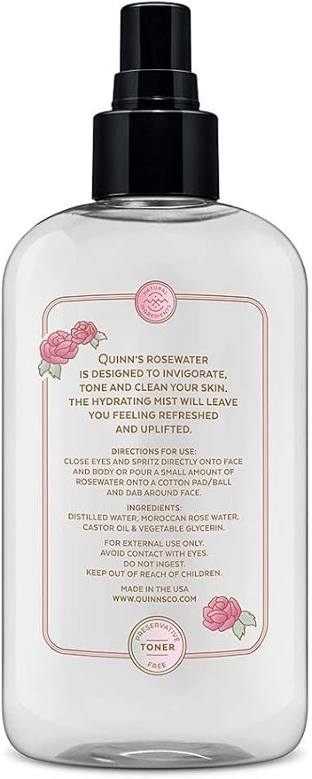 Quinn’s Rose Water - Hydrating Facial Toner Spray, Rosewater for Hair, Skin & Face Mist, 8 Ounce