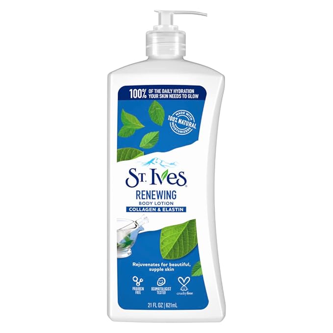 St. Ives Renewing Hand & Body Lotion for Women with Pump, Daily Moisturizer Collagen Elastin for Dry Skin, Made with 100% Natural Moisturizers, 21 fl oz, 4 Pack