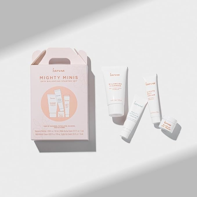 Karuna Mighty Minis, Skin Balancing Starter Set | Includes: Balancing Cleanser 1.69oz/50ml, Wake Up Eye Cream 0.17oz/5ml, Multi-Vitamin Serum 0.33oz/10ml & Lights Out Cream 0.5oz/15ml