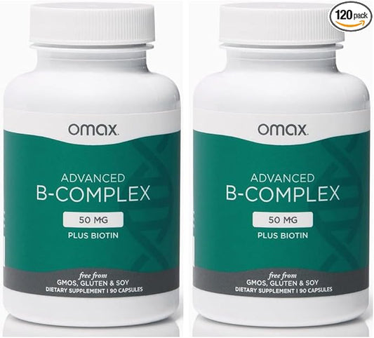 Omax3 2 Bottles - Advanced Vitamin B Complex 50MG with Biotin | Strong & Shiny Hair, Skin Nails, Support Stress, Immunity, Energy Metabolism, 90 Capsules/per Bottle