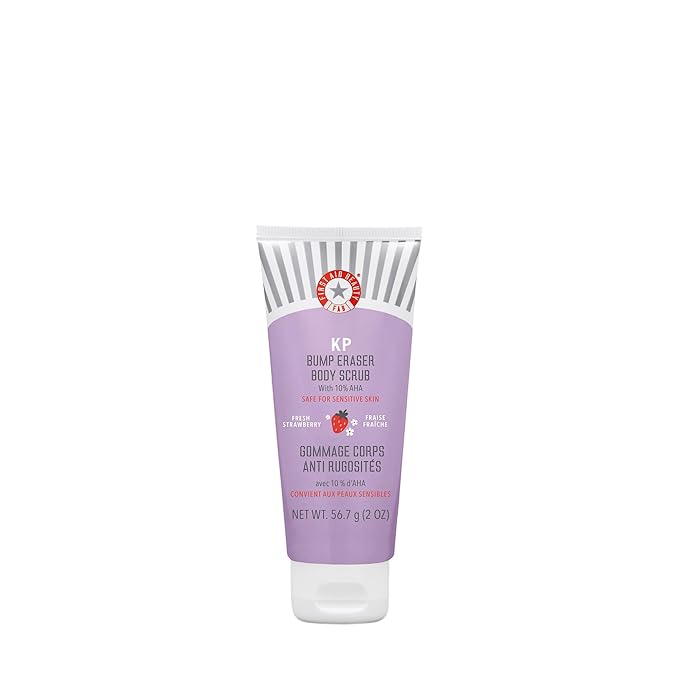 First Aid Beauty - KP Bump Eraser Body Scrub with 10% AHA, Keratosis Pilaris Exfoliator with Glycolic and Lactic acids, Helps Reduce Chicken Skin Bumps, Safe for Sensitive Skin, Strawberry Scent, 2 oz