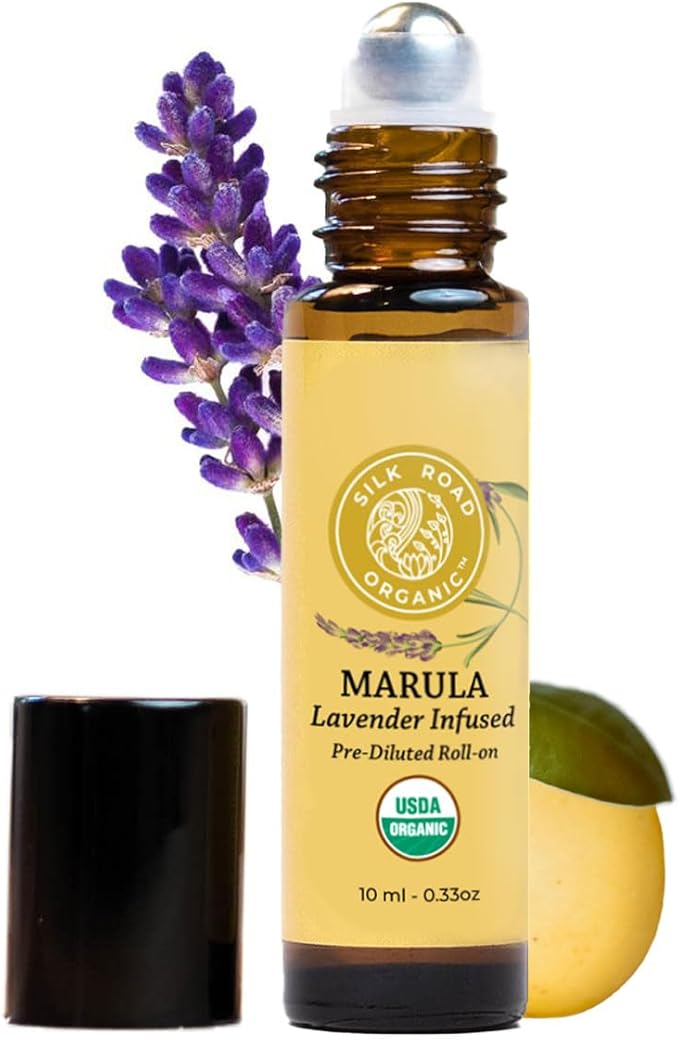 Silk Road Organic Marula Seed & Lavender Essential Oil, 100% Pure USDA Certified Aromatherapy, Deep Hydration for Face, Body, Lips, Hair, Nails - 10 ml Roller