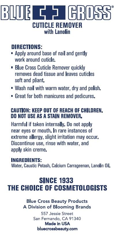 Blue Cross Cuticle Remover Liquid, Cuticle Softener for Nails, Professional Nail Care with Lanolin for Brittle Hang Nails, Hydrating, Moisturizing, Dry Cuticles, Made in USA, 6oz