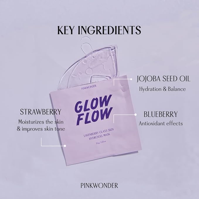GLOWFLOW Lavenberry Glass Skin Hydrogel Mask (1EA), Nourishing Facial Sheet Mask for Dry Skin, Hydrating and Glowing Skin, Blueberry Extract and Jojoba Oil, Antioxidants