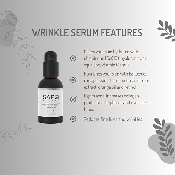 Wrinkle Serum with Bakuchiol, Hyaluronic Acid and Retinyl Palmitate - Daily Anti-Aging Essence for Fine Lines & Plump Skin, 1 Fl Oz
