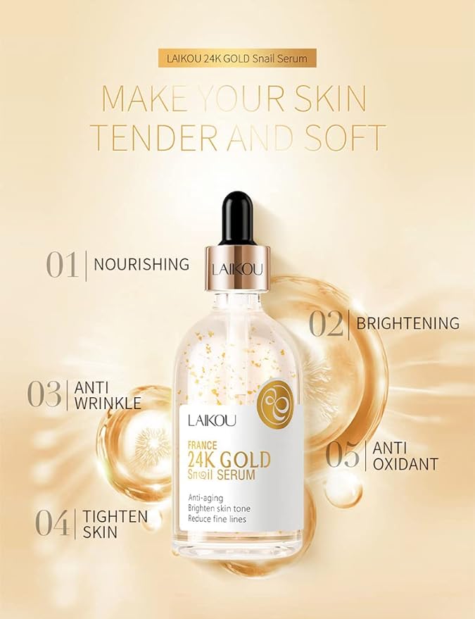 Snail Serum for Face,Hyaluronic Acid Serum with Vitamin B3 Oil Niacinamide Serum Facial 24k Gold Snail Collagen Reduces Fine Lines Brightening Nourishing Hydrating Face Serum Skincare Product