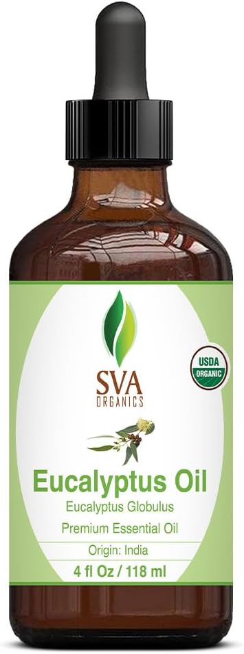 SVA Eucalyptus Essential Oil Organic – 4 Fl Oz – 100% Natural Organic Eucalyptus Oil - for Diffuser, Hair, Face, Skin Care, Aromatherapy, Scalp and Body Massage, Soap and Candle Making - with Dropper