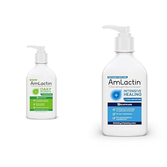 AmLactin Daily Nourish 12% - 14.1 oz Body Lotion with 12% Lactic Acid & Intensive Healing Body Lotion for Dry Skin – 7.9 oz Pump Bottle