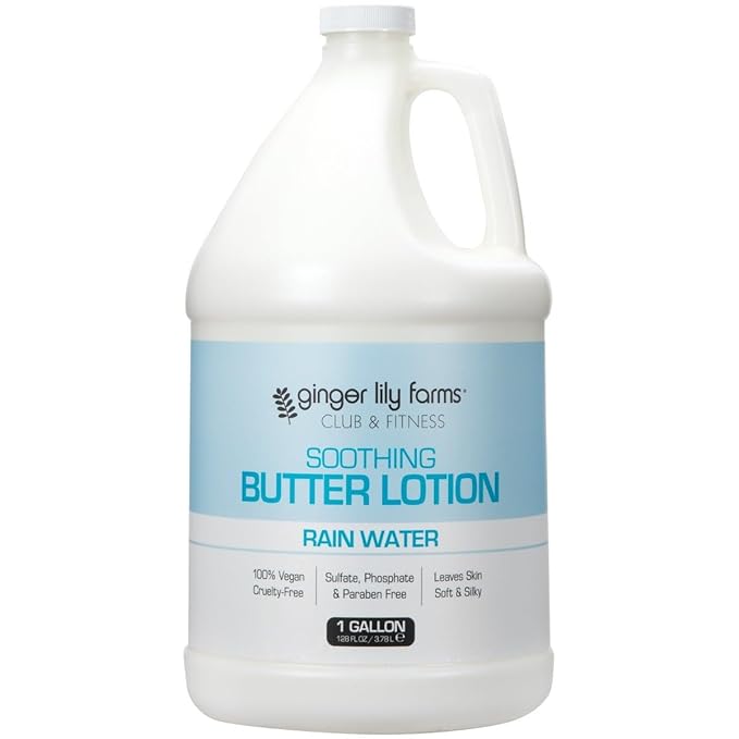 Ginger Lily Farms Club & Fitness Soothing Butter Lotion for Dry Skin, 100% Vegan & Cruelty-Free, Rain Water Scent, 1 Gallon (128 fl oz) Refill