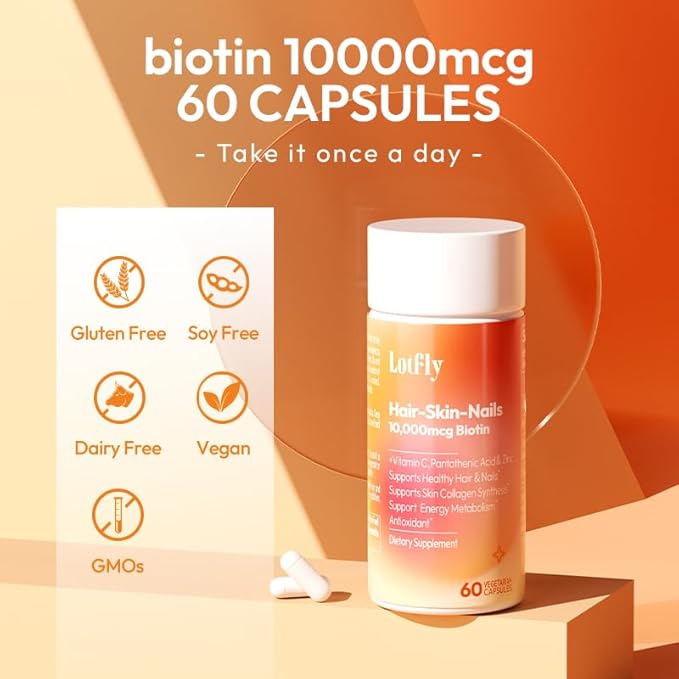 Biotin 10000 mcg with Zinc, Vitamin C & Calcium Pantothenate – Supports Healthy Hair Growth, Strong Nails & Glowing Skin for Women & Men | Made in The USA | 180 Vegan Capsules (6 Months Supply)