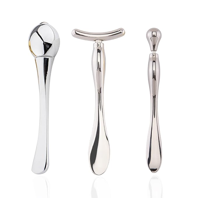 BetterJonny 3Pcs Metal Eye Cream Applicator Roller Wand Stick, Cosmetics Spoon Eye Cream Massager Wand Girls Women Facial Massager for Fatigue Relief Reduce Puffiness (Silver)