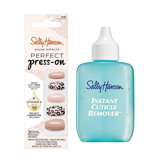 Sally Hansen Instant Cuticle Remover & Salon Effects Going Wild Press On Nails Kit - 15 Second Cuticle Gel with Aloe & 30 Nail Designs with Nail Glue