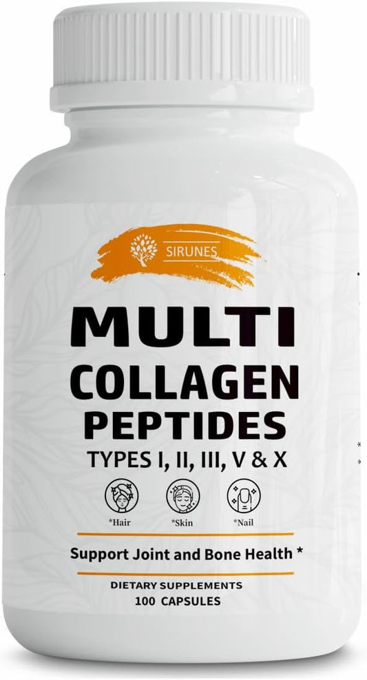 SIRUNES Multi Collagen Peptides Capsules - Non-GMO & Gluten Free Type I, II, III, V, X Hydrolyzed Collagen Supplements with Vitamin C - Supports Healthy Hair, Skin, Nails, & Joints - 100 Capsules