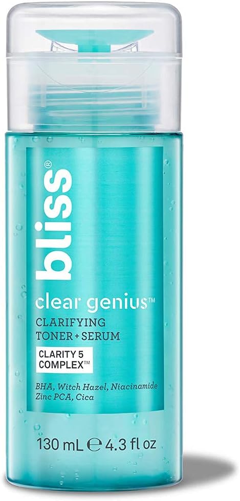 Bliss Clear Genius Clarifying Toner + Serum - 4.3 Fl Oz - Purifies Pores, Tones, Calms & Clears Skin - Salicylic Acid, Niacinamide & Witch Hazel - Clean Paraben Free - Vegan & Cruelty-Free