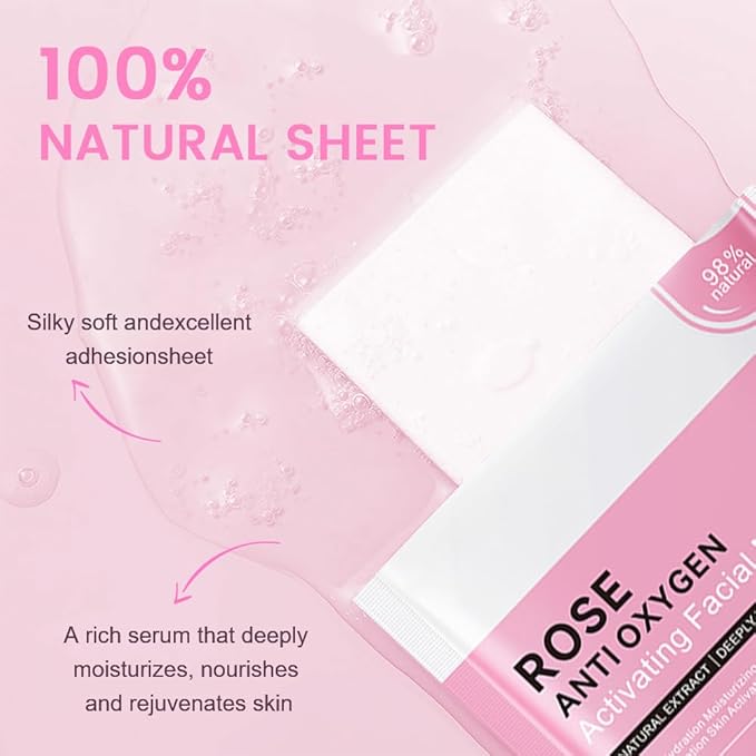 Rose Face Sheet Mask Skincare,Hydrating Spa Face Mask For Sensitive Skin,Moisturize,Nourish for All Skin Types,Natural Skin Care Spa Face Mask for Women Men Girls,Pack of 8