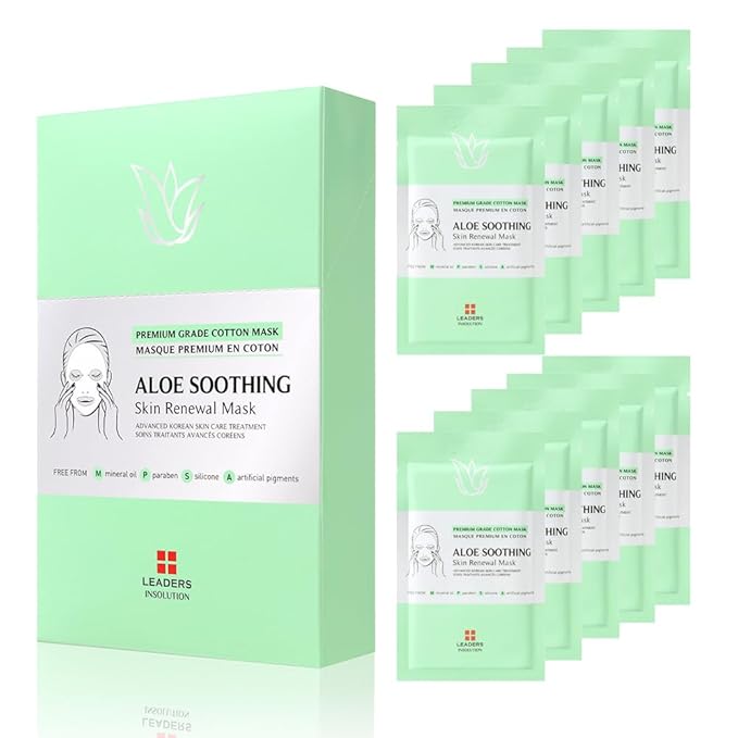 Leaders Insolution Aloe Soothing Skin Renewal Mask | Organic Aloe Leaf & Cactus Extract Hydrating Facial Treatment for Sensitive, Dry, Acne-Prone Skin | UV Repair & Hydration Boost (10 Sheets)